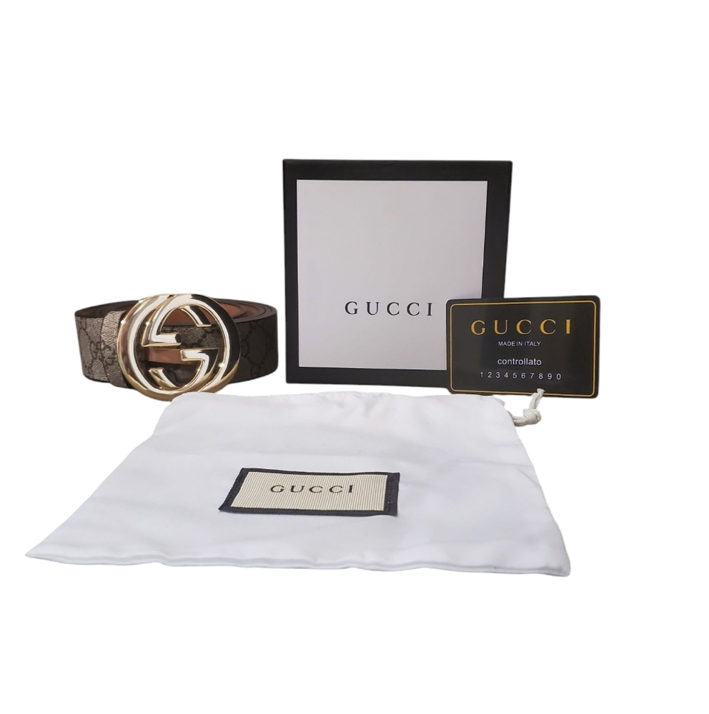 Gucci Brown and Beige Belt with Gold Buckle
